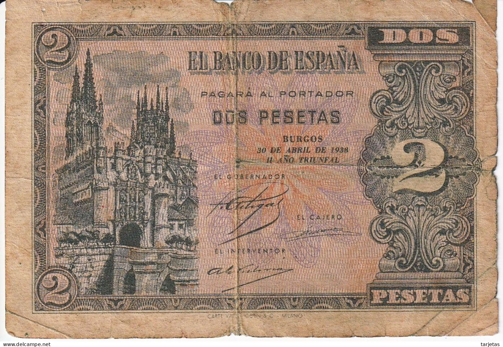 BILLETE DE 2 PTAS DE 1938 CATEDRAL DE BURGOS SERIE B  (BANKNOTE) - 1-2 Peseten