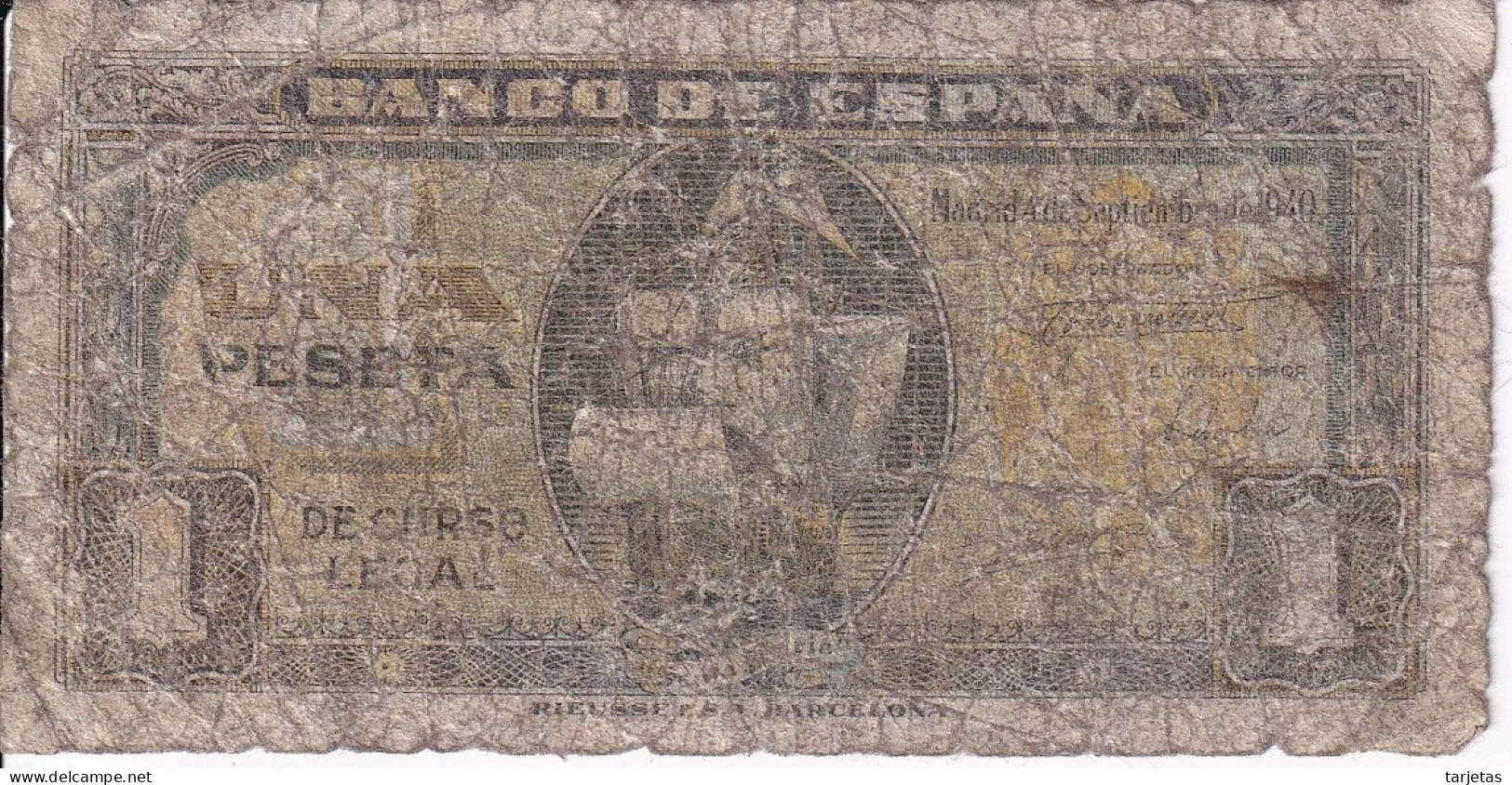 BILLETE DE ESPAÑA DE 1 PTA DEL 4/09/1940 SERIE B CARAVELA  (BANKNOTE) - 1-2 Pesetas