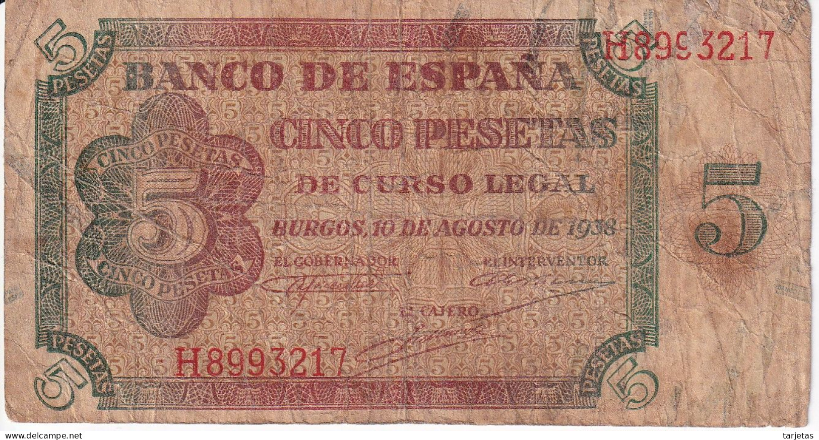 BILLETE DE ESPAÑA DE 5 PTAS DE BURGOS DEL AÑO 1938 SERIE H  (BANKNOTE) - 5 Peseten