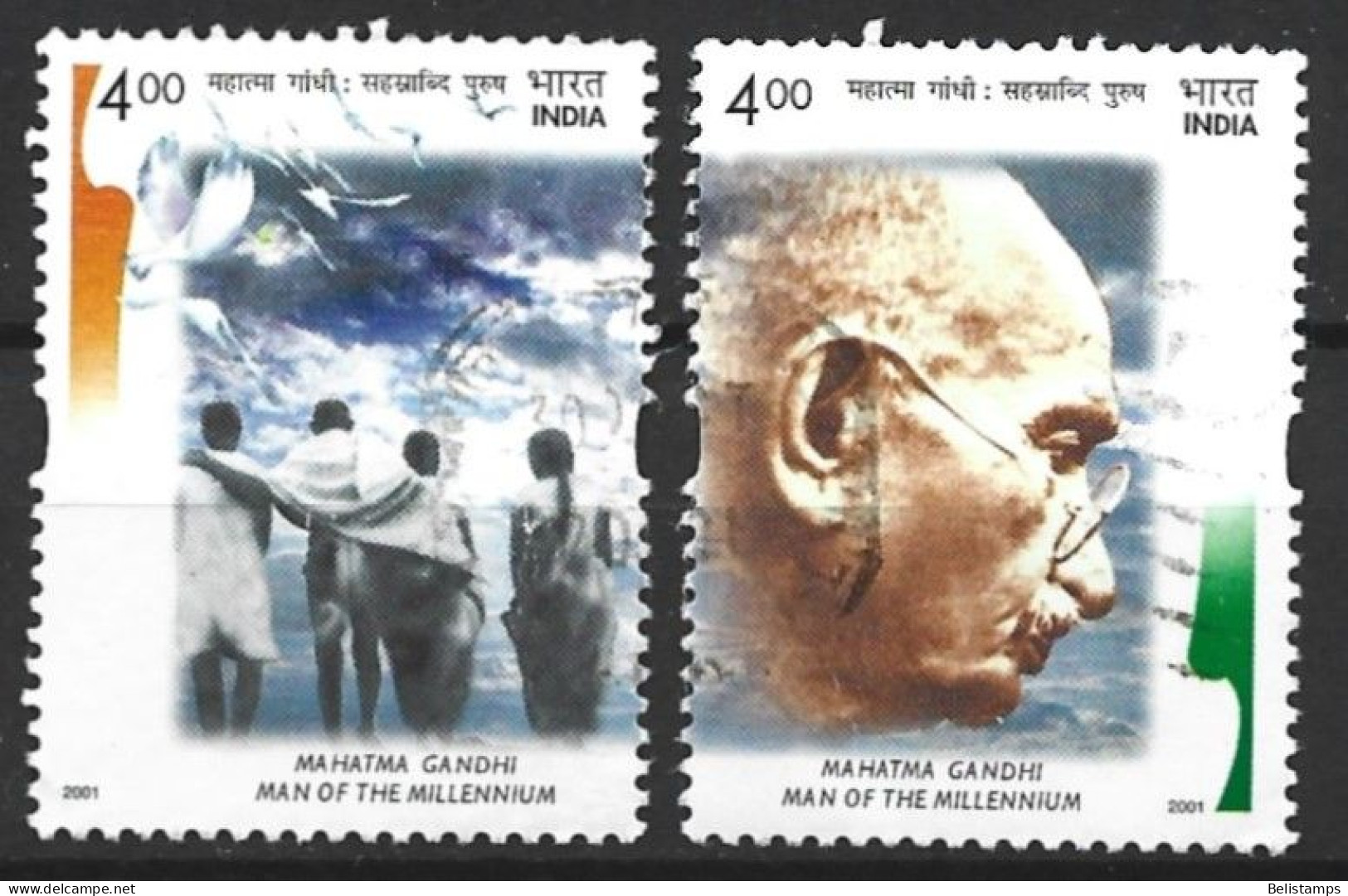 India 2001. Scott #1915a-b (U) Mahatma Gandhi, Man Of The Millennium  *Complete Set* - Oblitérés