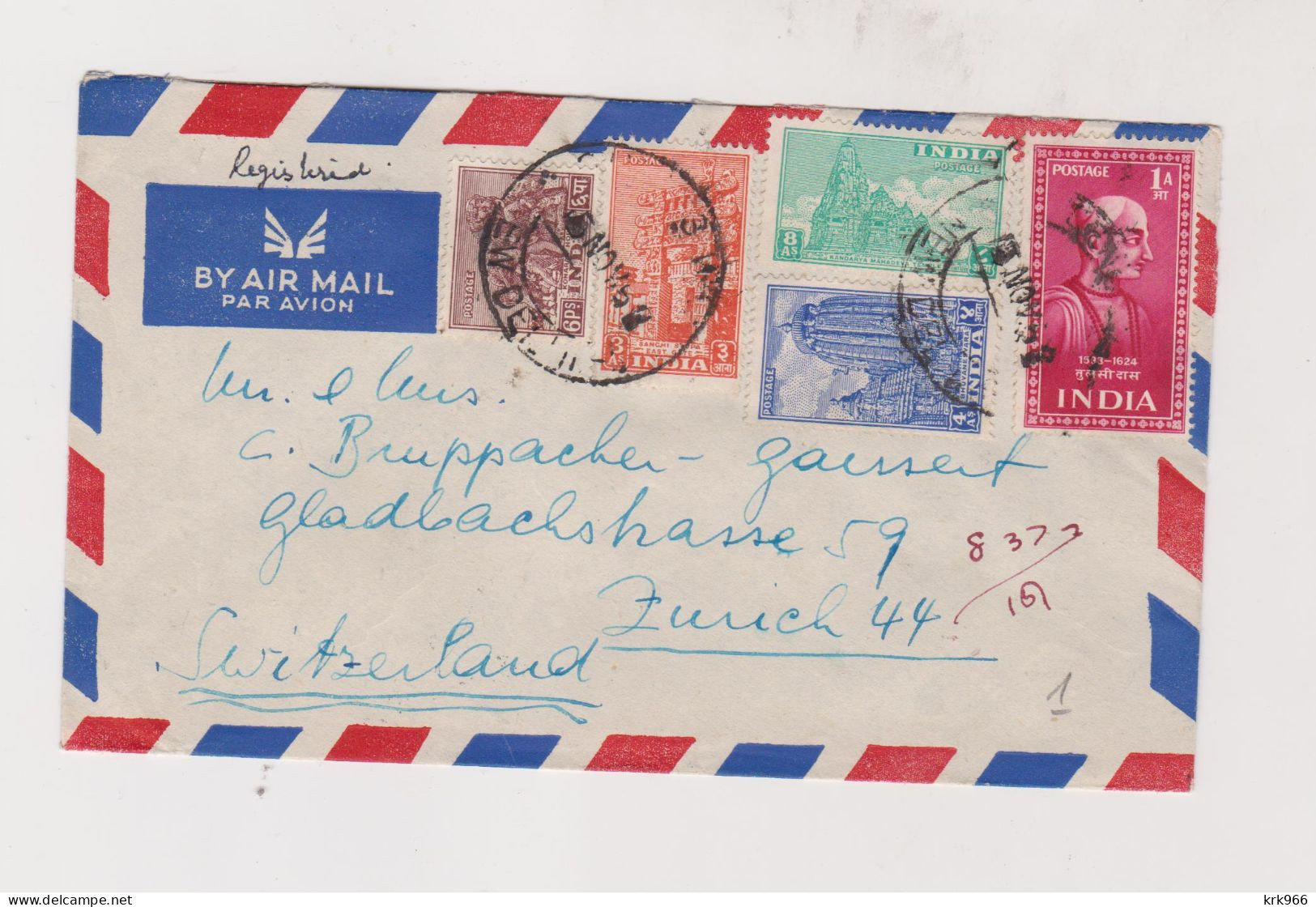 INDIA,NEW DELHI 1952 Airmail Registered Cover To Switzerland - Airmail