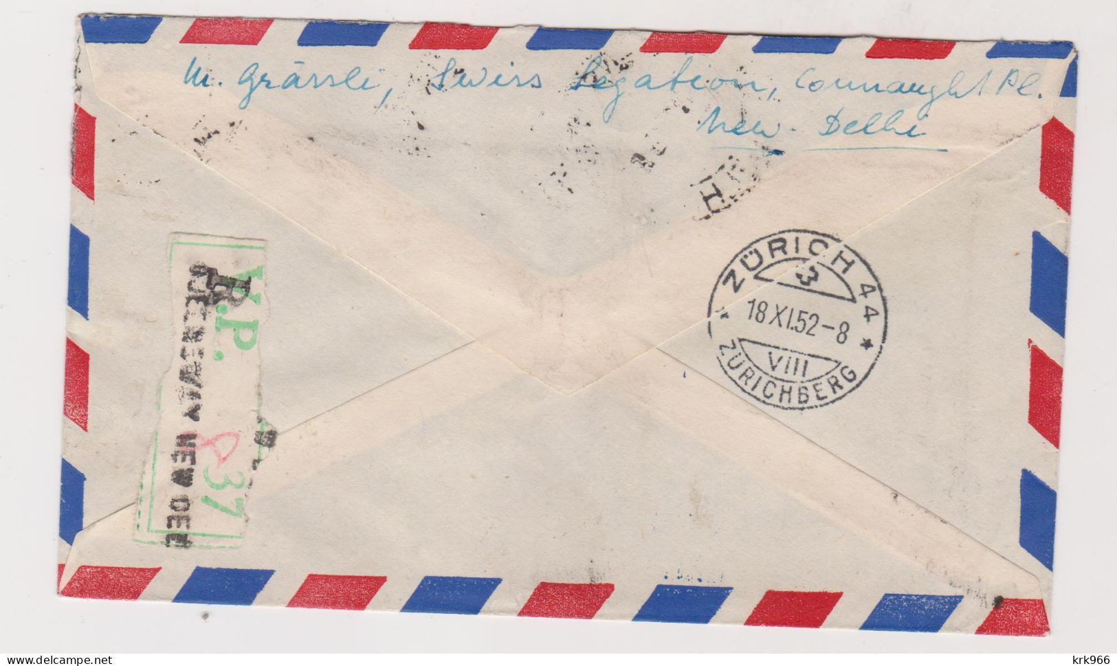 INDIA,NEW DELHI 1952 Airmail Registered Cover To Switzerland - Luchtpost