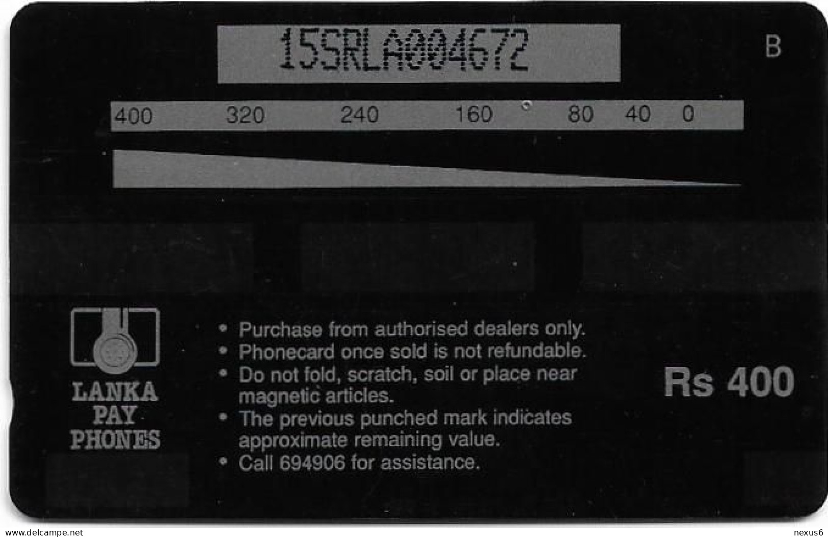 Sri Lanka - Lanka Pay Phones (GPT) - Town Hall Colombo - 15SRLA (Dashed Zero Ø, Letter B), 400Rs, Used - Sri Lanka (Ceylon)