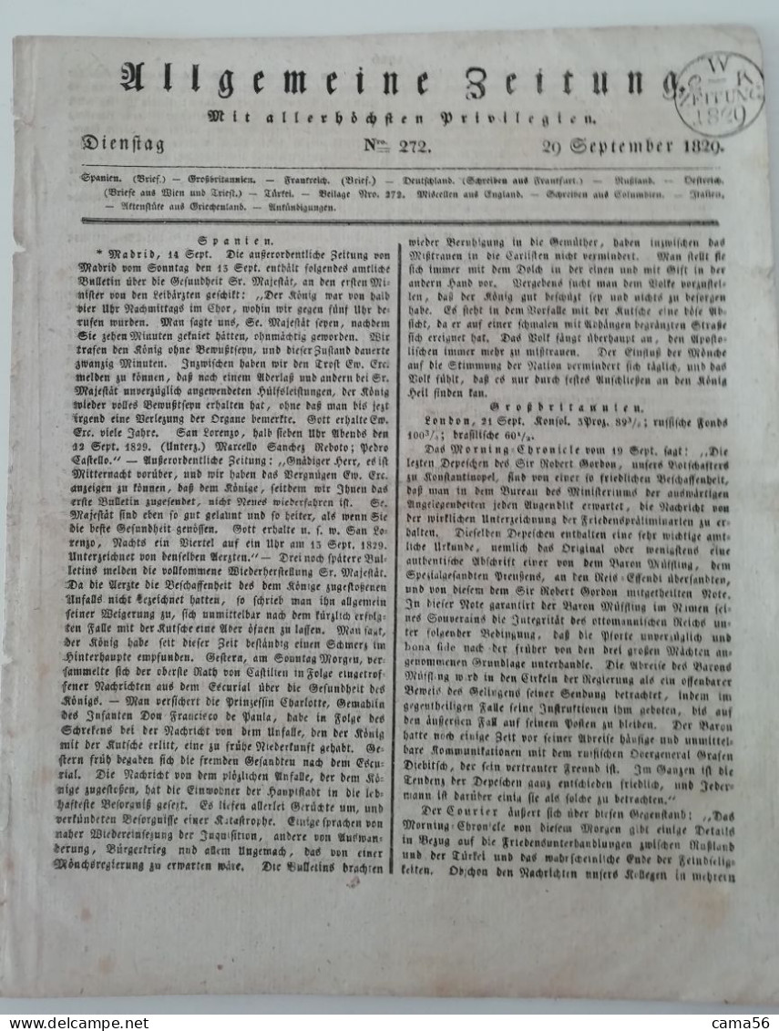 Allgemeine Zeitung 29 Settembre 1829 - Autres & Non Classés