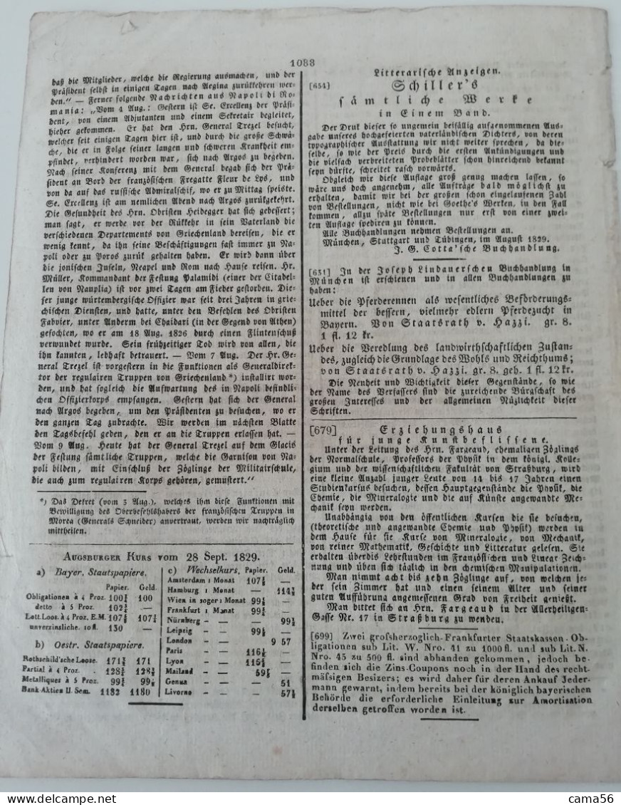 Allgemeine Zeitung 29 Settembre 1829 - Autres & Non Classés