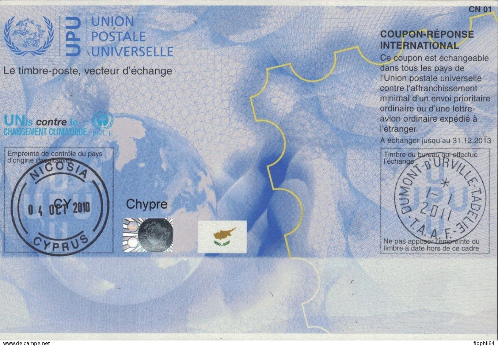 CHYPRE - COUPON REPONSE INTERNATIONAL DE NOCOSIA POUR LE BUREAU DE DUMONT DURVILLE TERRE ADELIE (TERRE AUSTRALES ET ANTA - Storia Postale