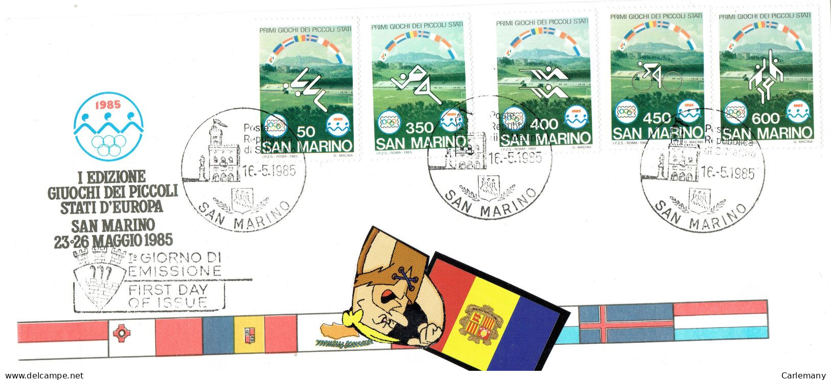 SAN MARINO 1985 5 FDC ENVELOPPE   GUIOCHI - Brieven En Documenten