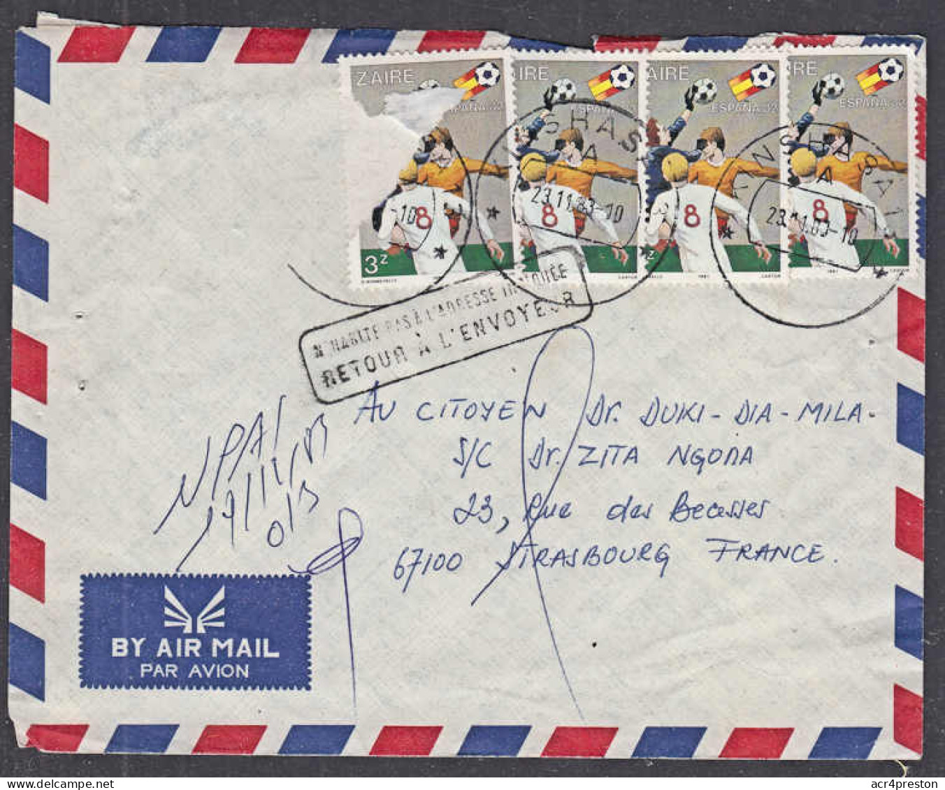 Ca0491 ZAIRE 1983, Football Stamps On Kinshasa Cover To France, 'Retour A L'Envoyeur' - Covers & Documents