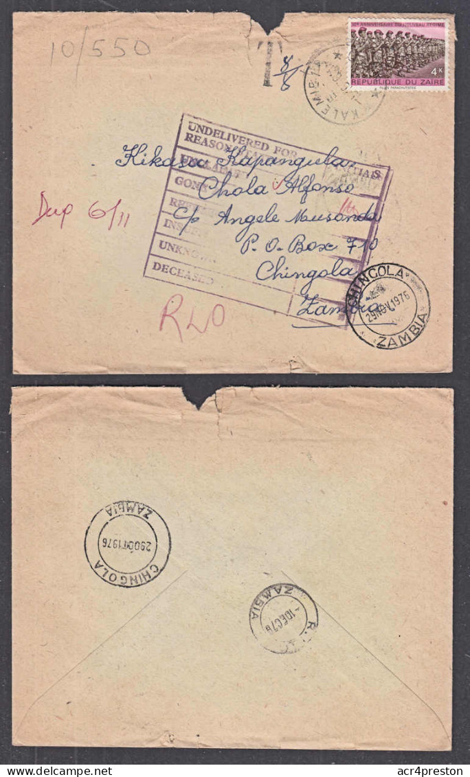 Cc0013 ZAIRE 1976, Nouveau Regime Stamp On Kalemie Cover To Zambia, Returned To Zaire - Brieven En Documenten