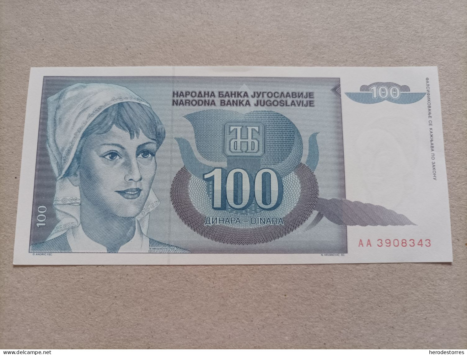 Billete De Yugoslavia De 100 Dinara, Año 1992, Serie AA, UNC - Yougoslavie