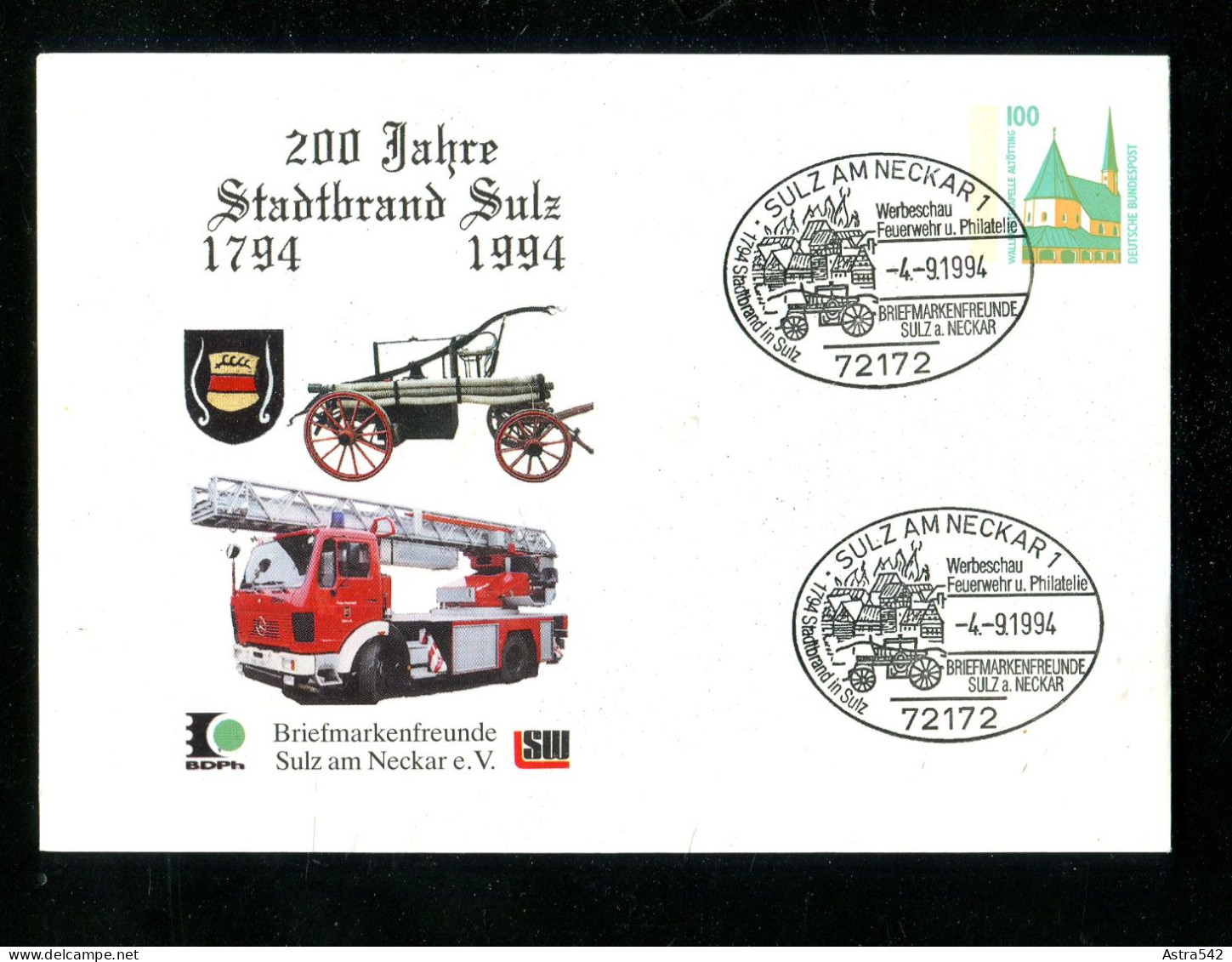 "BUNDESREPUBLIK DEUTSCHLAND" 1994, Privatganzsachenumschlag Mit Abbildung Feuerwehrfahrzeuge, SSt. "Sulz" (16054) - Private Covers - Used