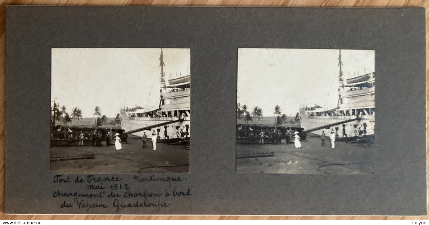 Fort De France - Photo Ancienne Stéréo - Chargement Du Charbon à Bord Du Bateau Vapeur GUADELOUPE 1912 - Fort De France