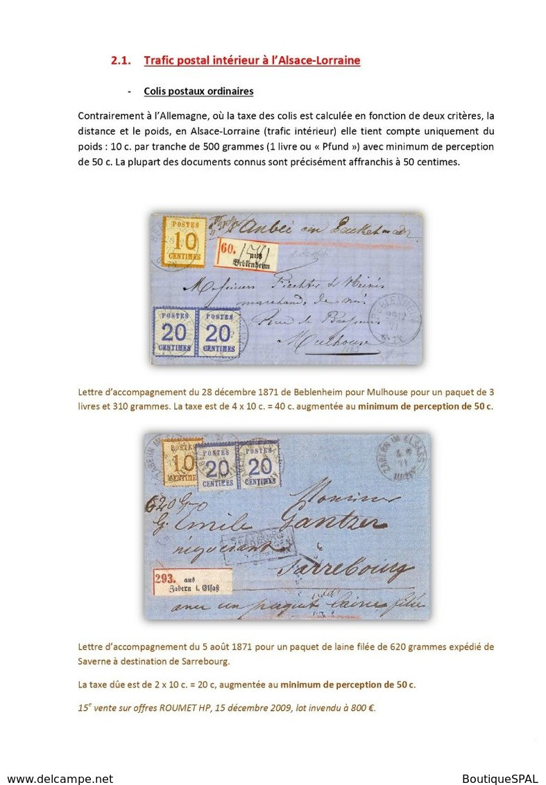 Les Documents D'accompagnement Des Colis Postaux D'Alsace-Lorraine 1871-1876 - Elsass Lothringen - SPAL 2020 - Poste Militaire & Histoire Postale