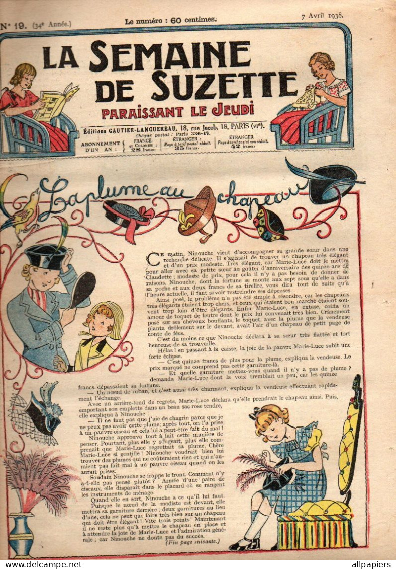 La Semaine De Suzette N°19 La Plume Au Chapeau - Bécassine - Comment J'ai Retrouvé Mon Parapluie - Zim Et Zoum ... - La Semaine De Suzette