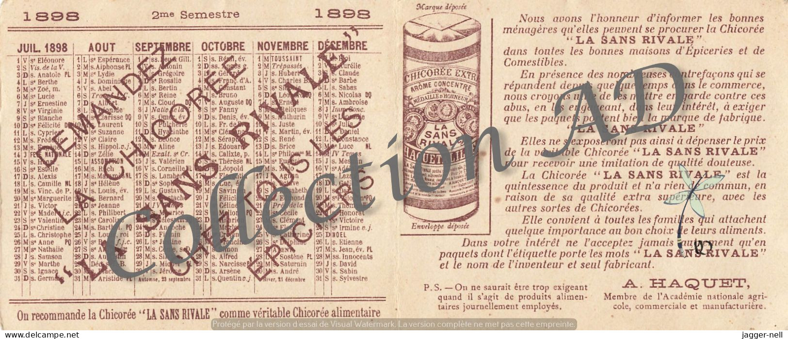 Calendrier 1898 CHICORÉE EXTRA "LA SANS RIVALE" - A. HAQUET à LILLE - SUPERBE Et RARE - JD - Formato Piccolo : ...-1900