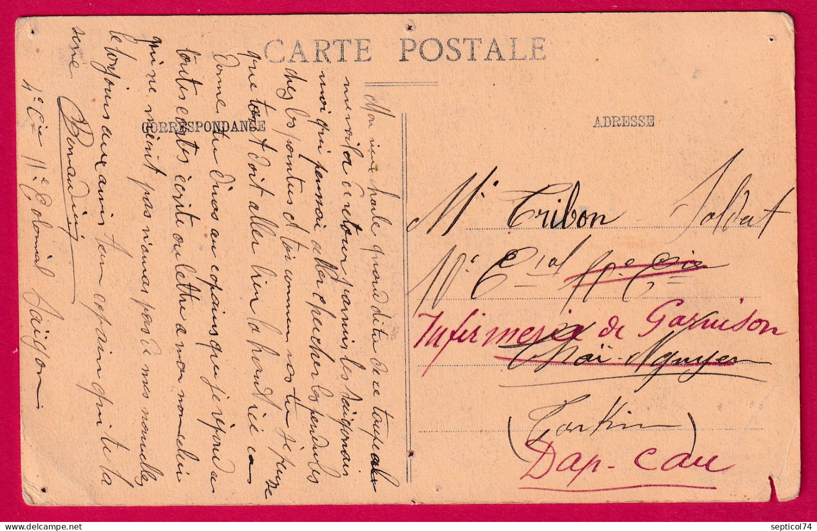 TIMBRE FM N°5 SAIGON CENTRAL COCHINCHINE 1914 4EME COMPAGNIE COLONIALE POUR THAINGUYEN ET DAPCAU LETTRE COVER - Storia Postale