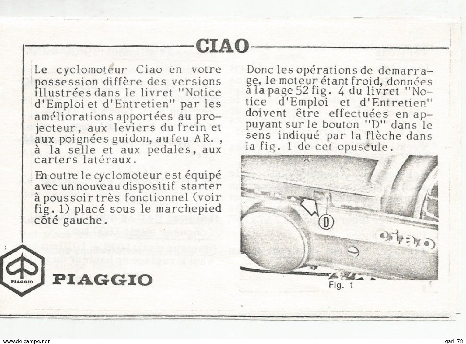 Notice D'emploi Et D'entretien PIAGGIO : Ciao - Bravo - Boxer 2 - Motorrad