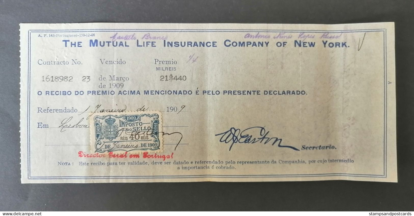 Portugal Facture Assurance Timbre Fiscal 1909  Mutual Life Insurance Co. New York Receipt Revenue Stamp - Covers & Documents