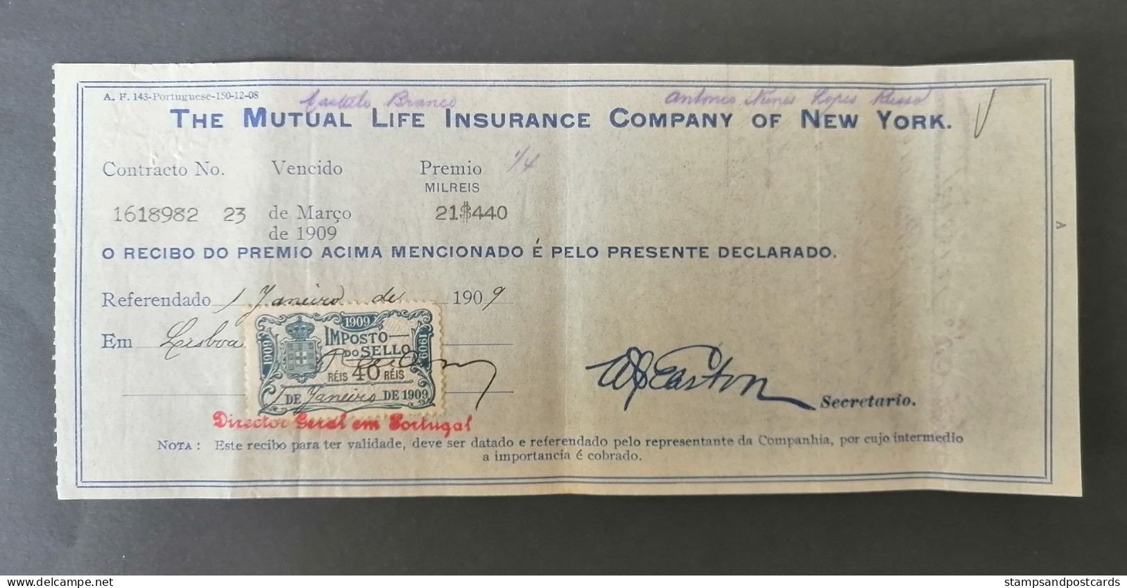 Portugal Facture Assurance Timbre Fiscal 1909  Mutual Life Insurance Co. New York Receipt Revenue Stamp - Lettres & Documents