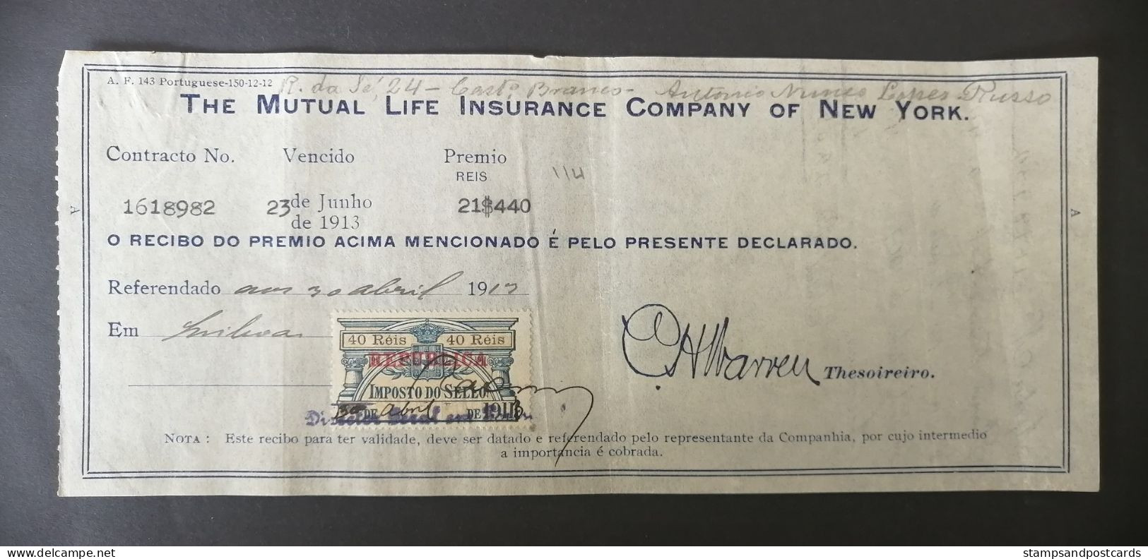 Portugal Assurance Timbre Fiscal 1911 Surcharge Overprint Republica Mutual Life Insurance Co. New York Revenue Stamp - Briefe U. Dokumente