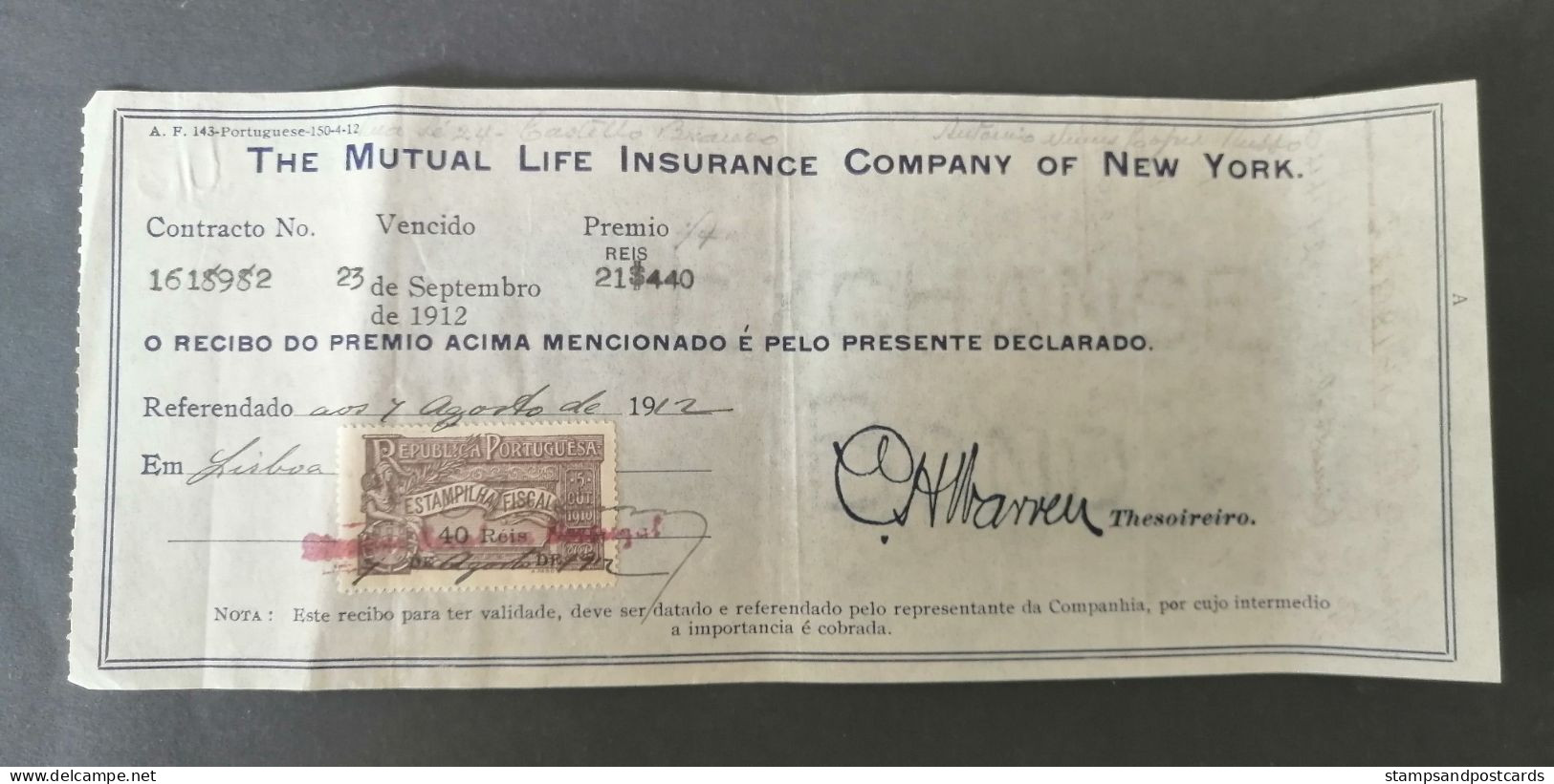 Portugal Facture Assurance Timbre Fiscal 1912 Mutual Life Insurance Co. New York Receipt Revenue Stamp - Cartas & Documentos