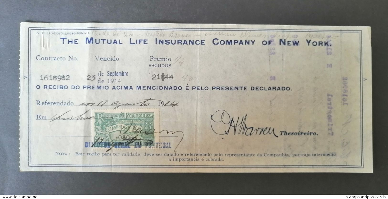 Portugal Facture Assurance Timbre Fiscal 1914 Mutual Life Insurance Co. New York Receipt Revenue Stamp - Lettres & Documents