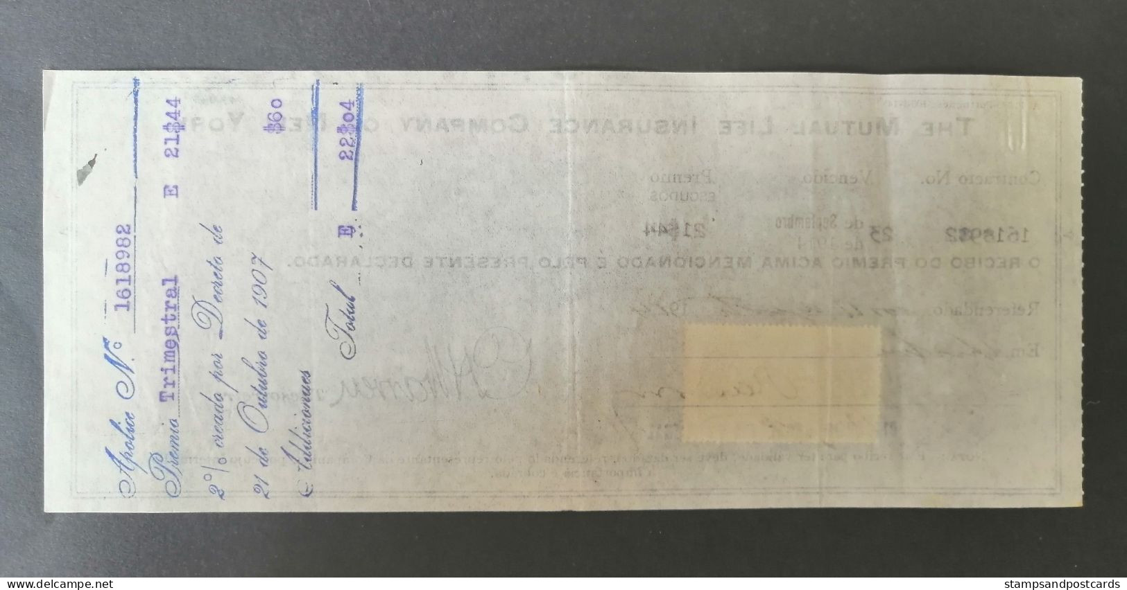 Portugal Facture Assurance Timbre Fiscal 1914 Mutual Life Insurance Co. New York Receipt Revenue Stamp - Lettres & Documents