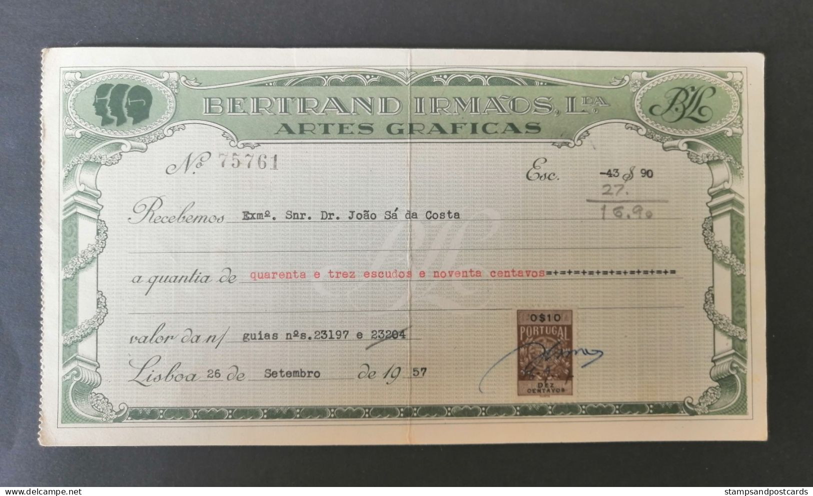 Portugal Facture Bertrand Arts Graphiques Libraires Timbre Fiscal 1957 Receipt Revenue Stamp Graphic Arts Booksellers - Briefe U. Dokumente