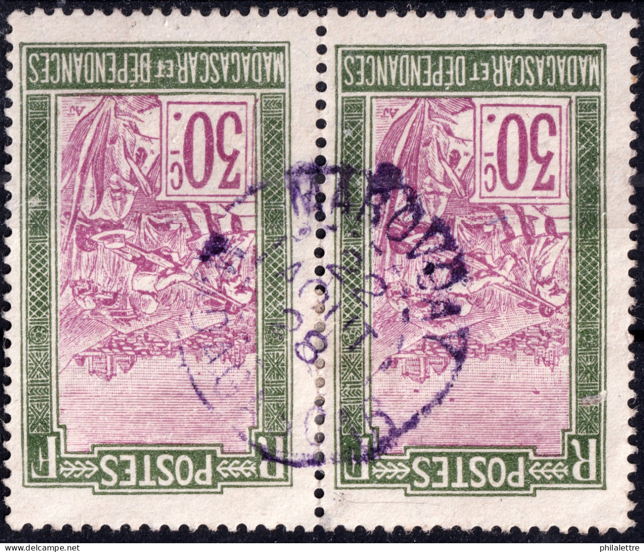 MADAGASCAR - 1928 - TàD Violet "MAROVOAY / MADAGASCAR" Sur Paire Yv.136 30c Vert & Lilas - TB - Usados