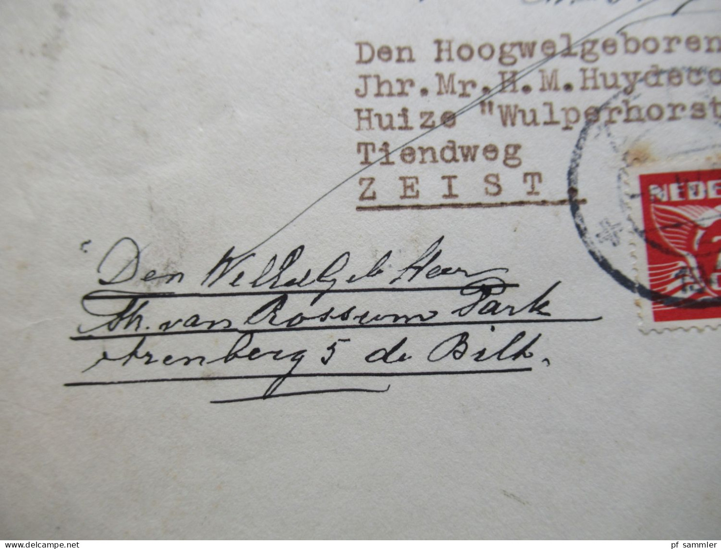 Niederlande 1943 Fliegende Taube Nr.381 (2) MeF nach Zeist gesendet und dort mit Vermerken!! Bogenrand mit Perfin verkle