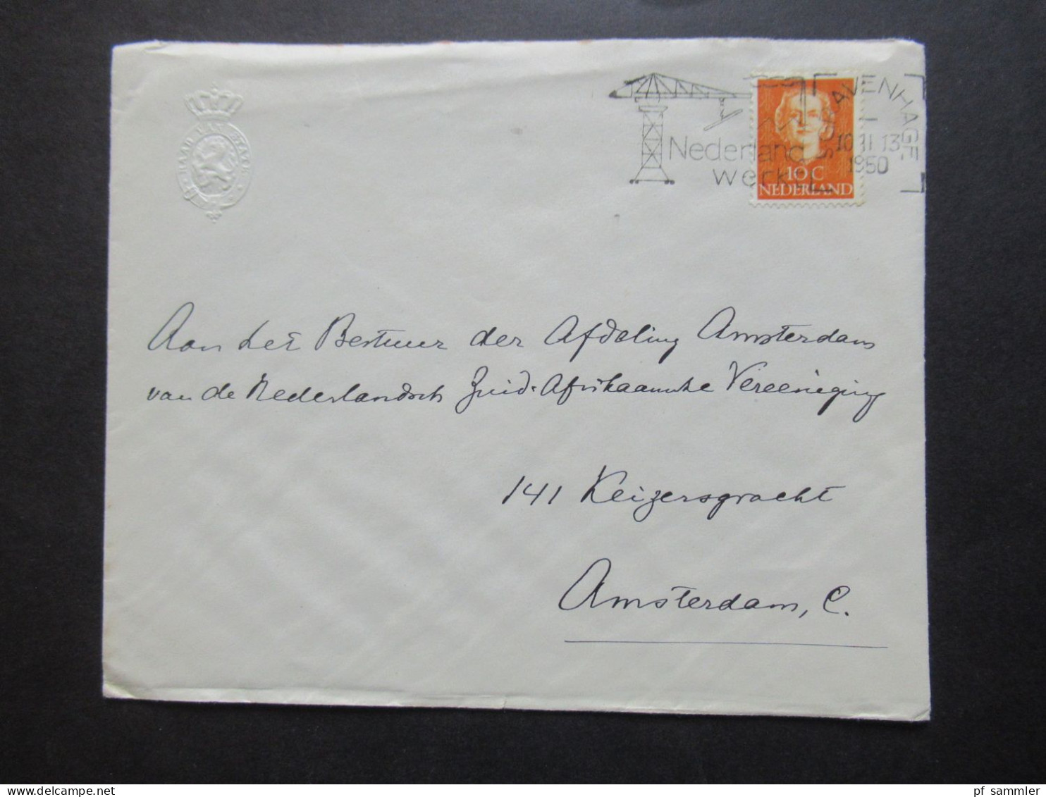 Niederlande 1950 Stempel Mit Motiv Kran Und Geprägtes Wappen Auf Dem Umschlag Raad Van State - Lettres & Documents