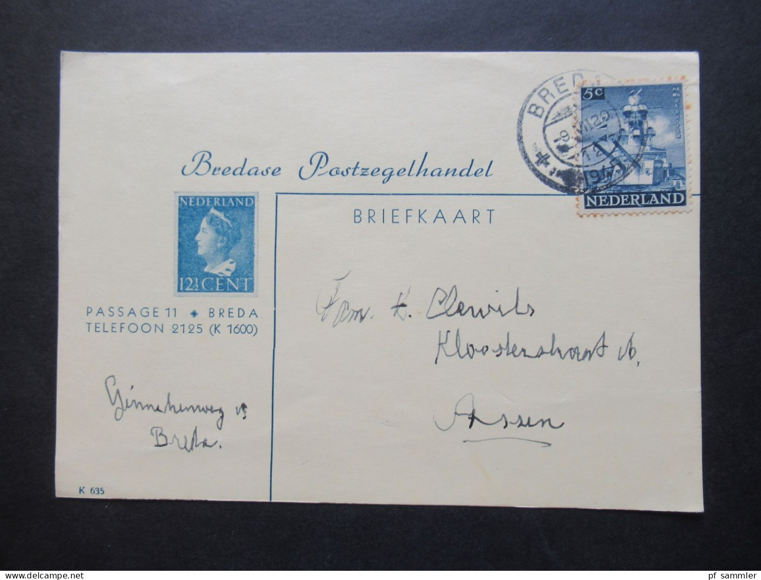 Niederlande 9.7.1945 (kurz Nach Ende Des 2.WK!! Mi.Nr.431 EF Werbe PK Motiv Briefmarke Bredase Postzegelhandel - Lettres & Documents