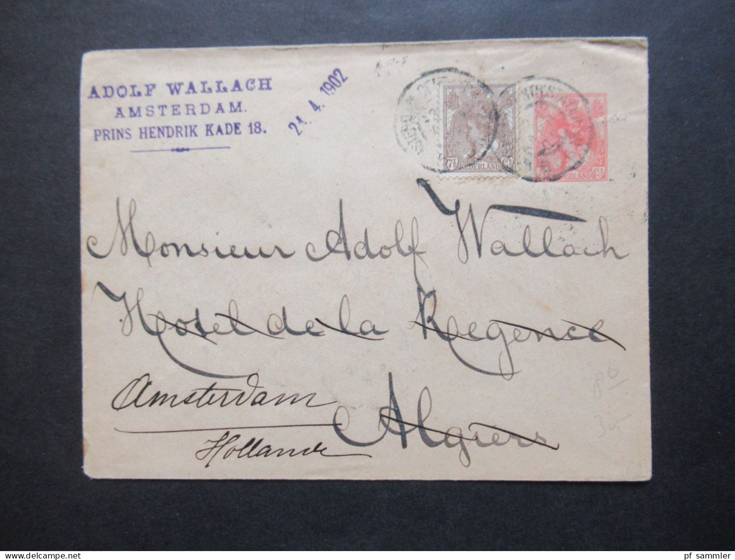 Niederlande 1902 GA Umschlag Mit ZuF Amsterdam Nach Algier (Algerien) / Rücks. Stp. Hotel De La Regence Alger / Retour - Cartas & Documentos