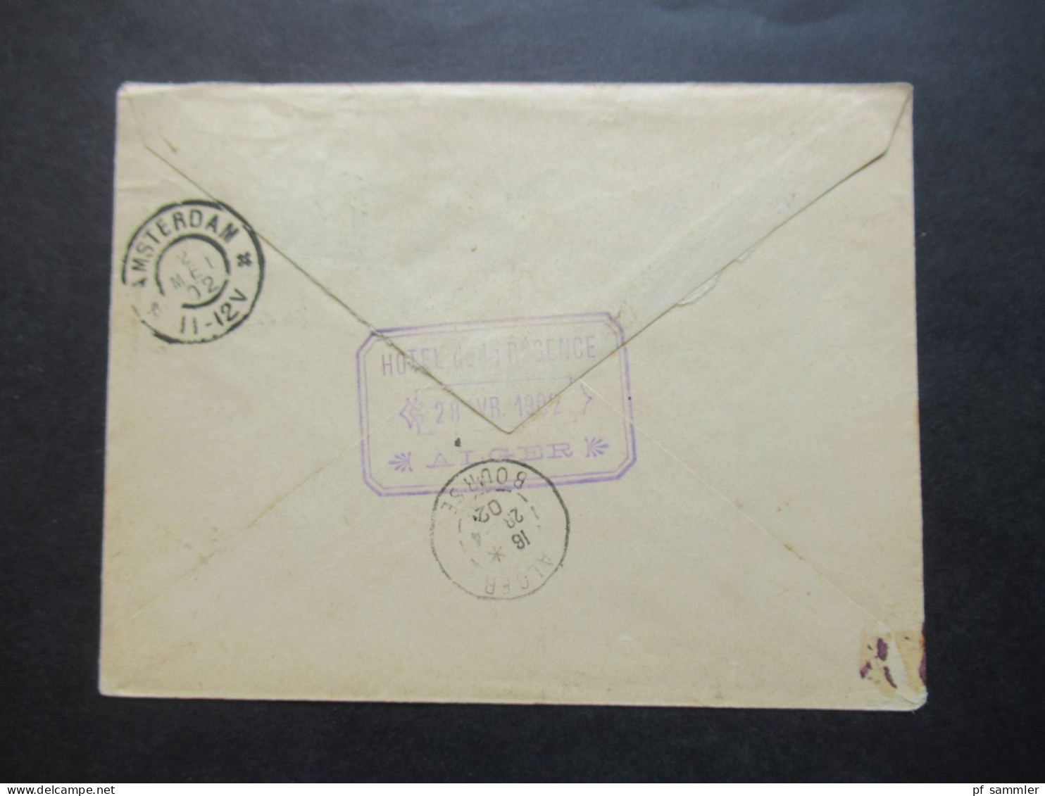 Niederlande 1902 GA Umschlag Mit ZuF Amsterdam Nach Algier (Algerien) / Rücks. Stp. Hotel De La Regence Alger / Retour - Cartas & Documentos