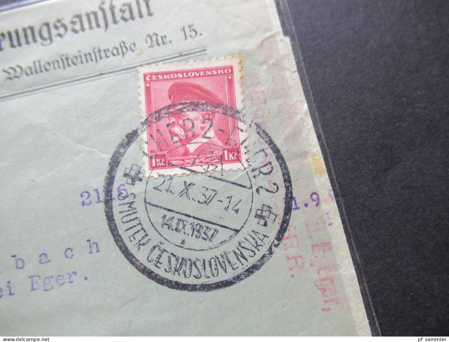 CSSR / Sudetenland 14.10.1937 Cheb 2 Eger 2 Briefstück / VS Registrierte Hilfsversicherungsanstalt In Eger - Lettres & Documents