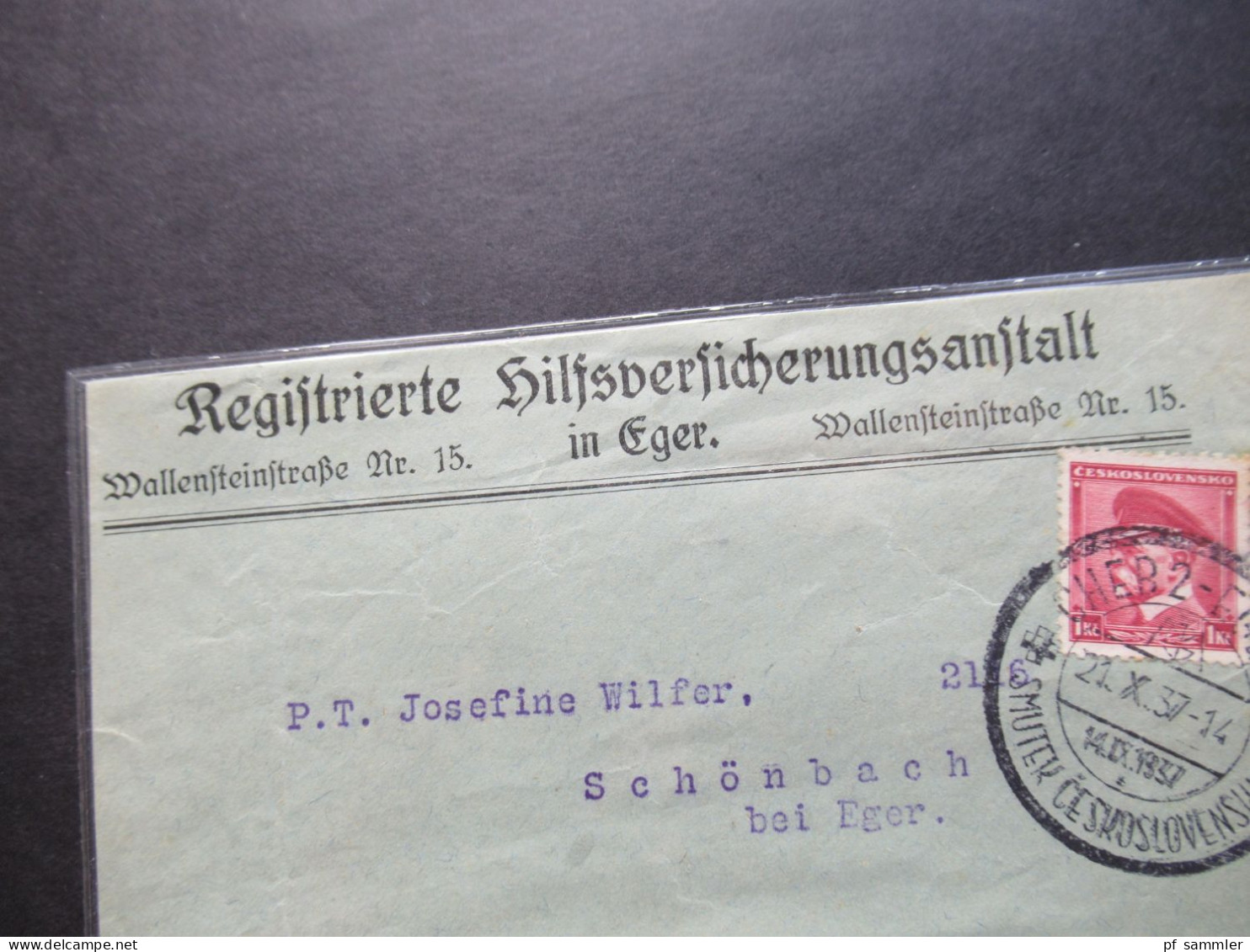 CSSR / Sudetenland 14.10.1937 Cheb 2 Eger 2 Briefstück / VS Registrierte Hilfsversicherungsanstalt In Eger - Briefe U. Dokumente