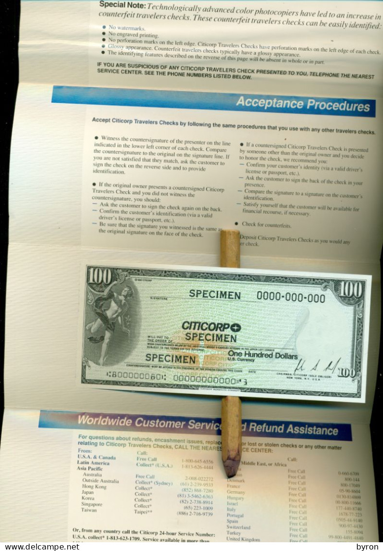 AMERICA USA CITICORP. TRAVELERS CHECKS. $ 100. SPECIMEN ,ORIGINAL SPECIMENT AND  IN EXCELLENT CONDITION. - Autres - Amérique