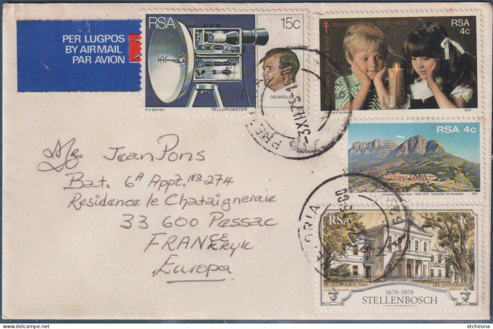 Enveloppe Afrique Du Sud RSA 4 Timbres Prétoria 3.12.1979 Vers Pessac (33 - France) - Storia Postale