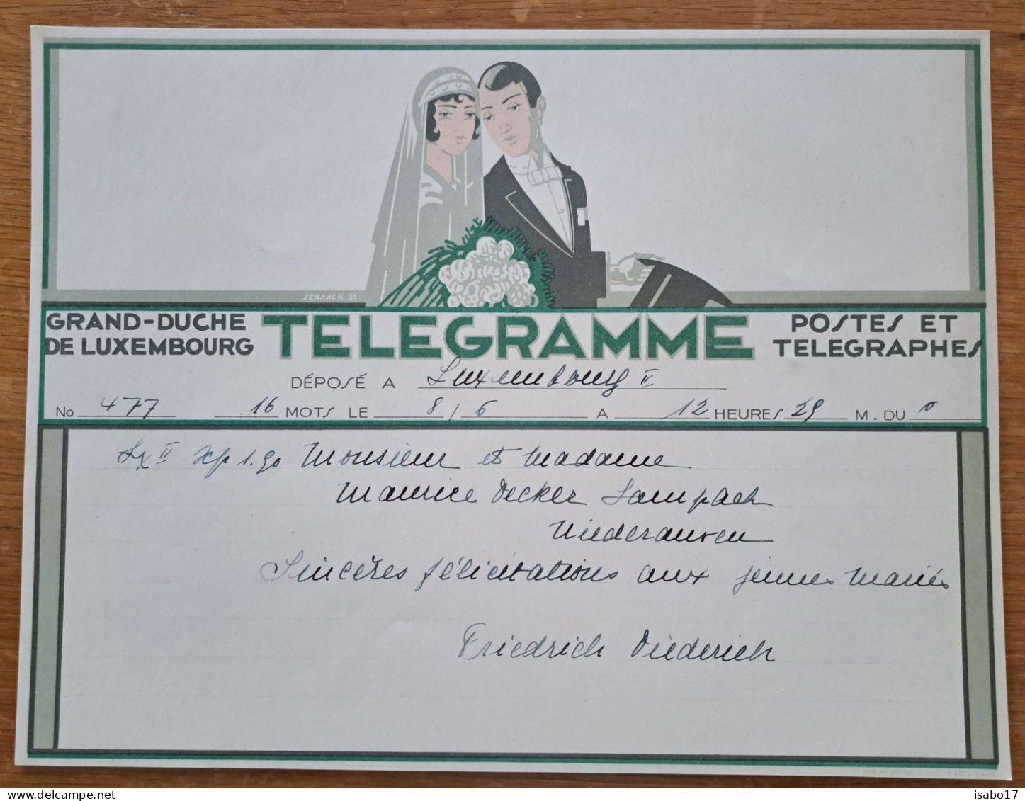 " Luxemburg " Telegramm  Von 1933 - Mariage