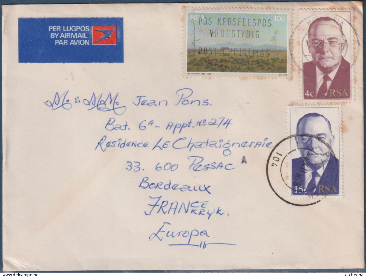 Enveloppe Afrique Du Sud RSA 3 Timbres Prétoria 4.12.1978 Vers Pessac (33 - France) - Lettres & Documents