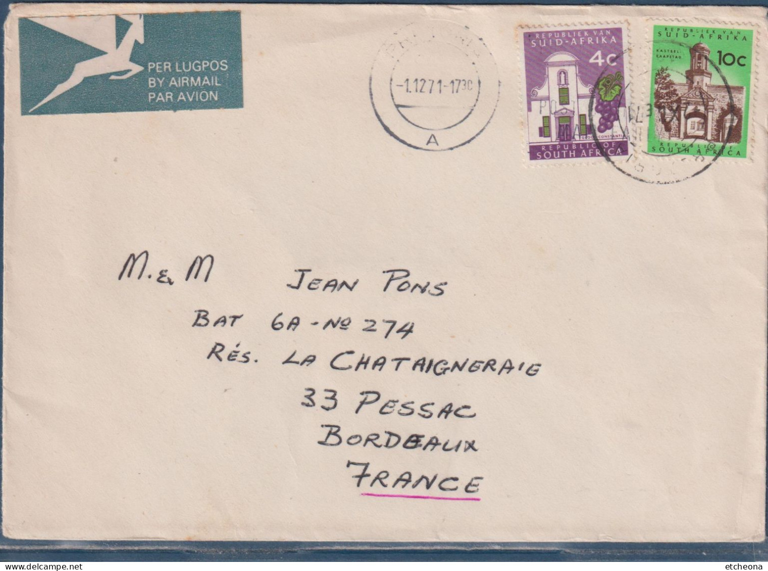 Enveloppe Afrique Du Sud RSA 2 Timbres Prétoria 1.12.1971 Vers Pessac (33 - France) - Lettres & Documents