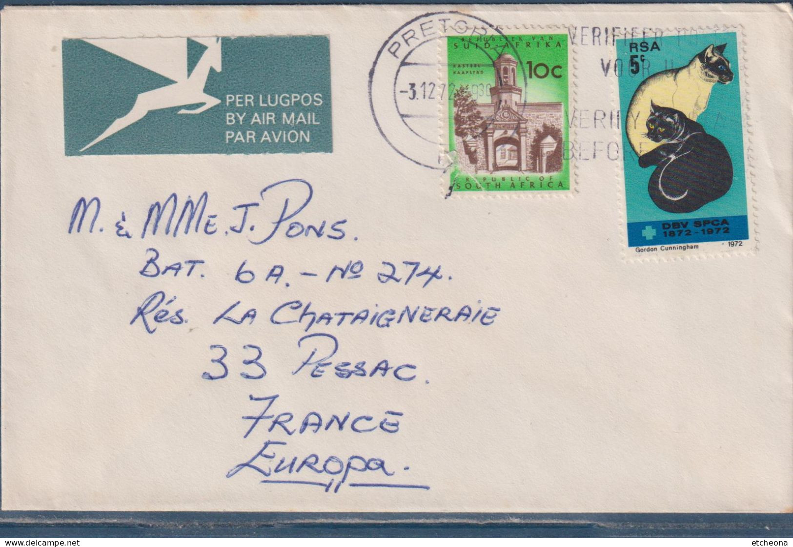 Enveloppe Afrique Du Sud RSA 2 Timbres Prétoria 3.12.1972 Vers Pessac (33 - France) - Cartas & Documentos