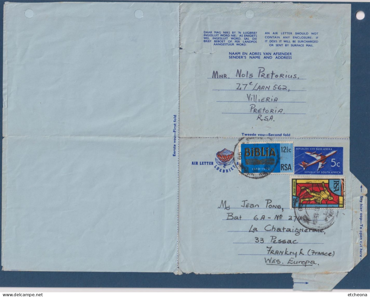 Pli Entier Afrique Du Sud RSA + 2 Timbres Prétoria 16.09.1970 Vers Pessac (33 - France) - Cartas & Documentos