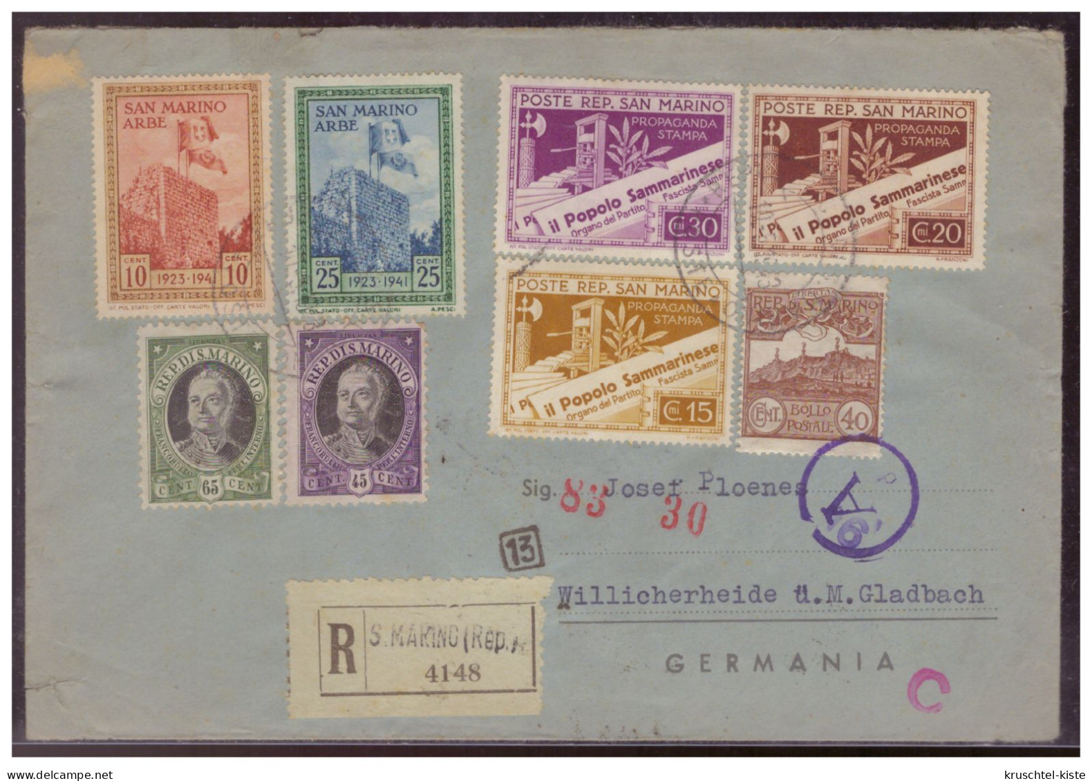 San Marino (006150) Einschreiben Mitdeutsch/  Italienischer Zensur Gelaufen Von San Marina Nach Deutschland 1943 - Storia Postale