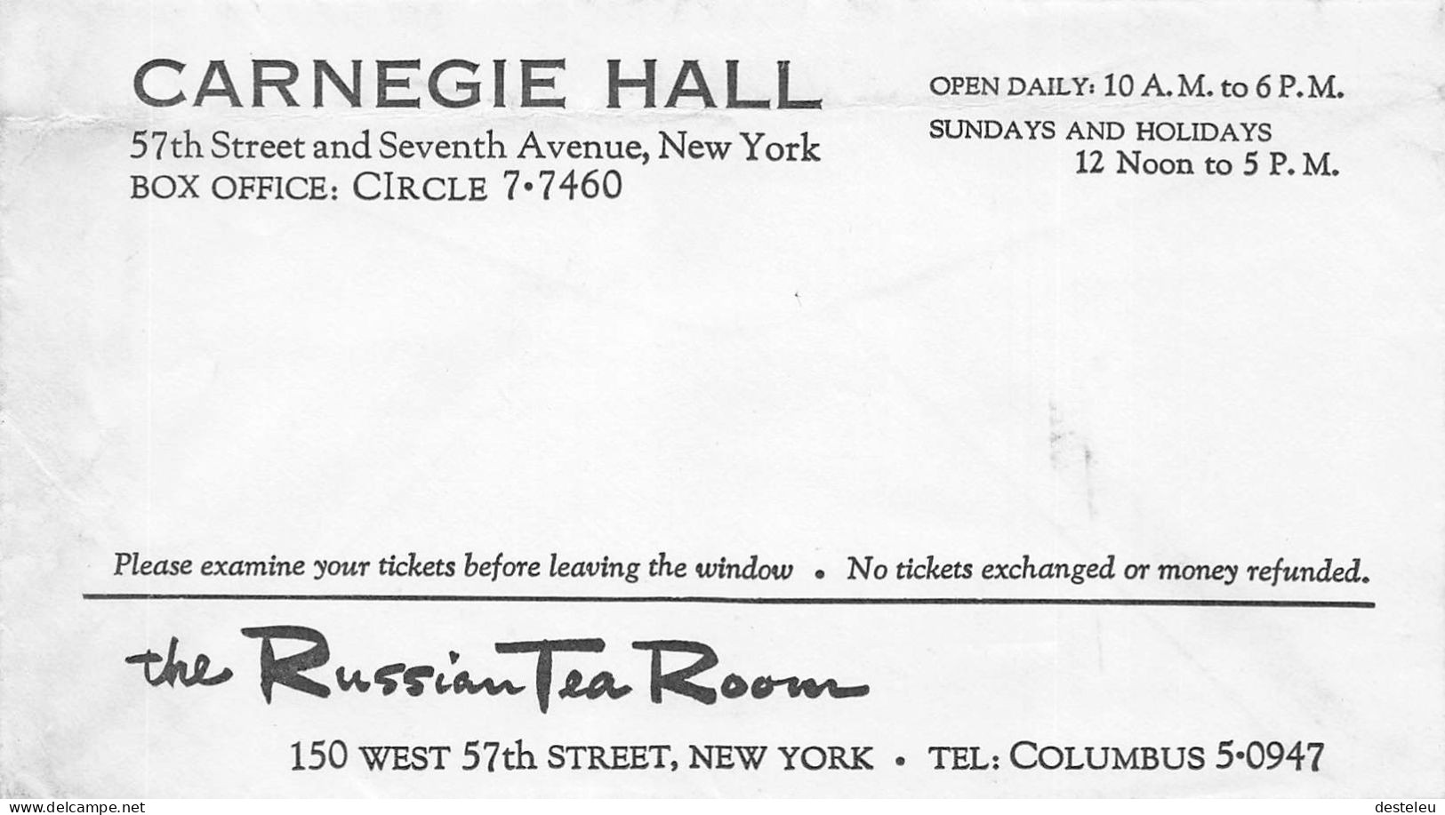 Carnegie Hall - The Russian Tea Room Envelope - New York - Etats-Unis