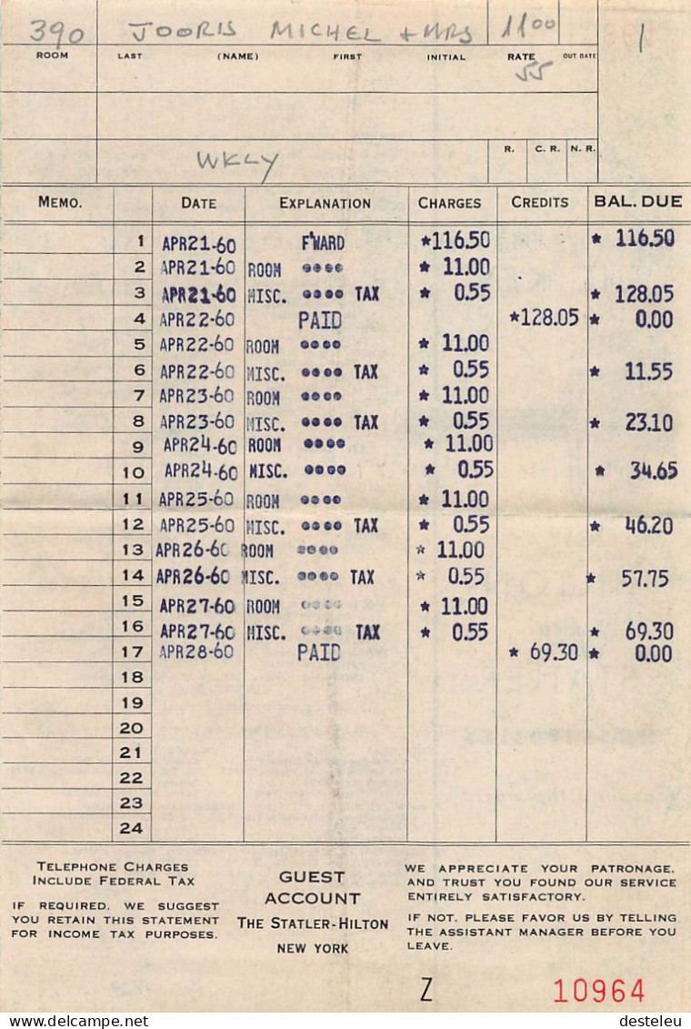 Hilton And Statler 1960 Invoice - New York - Verenigde Staten