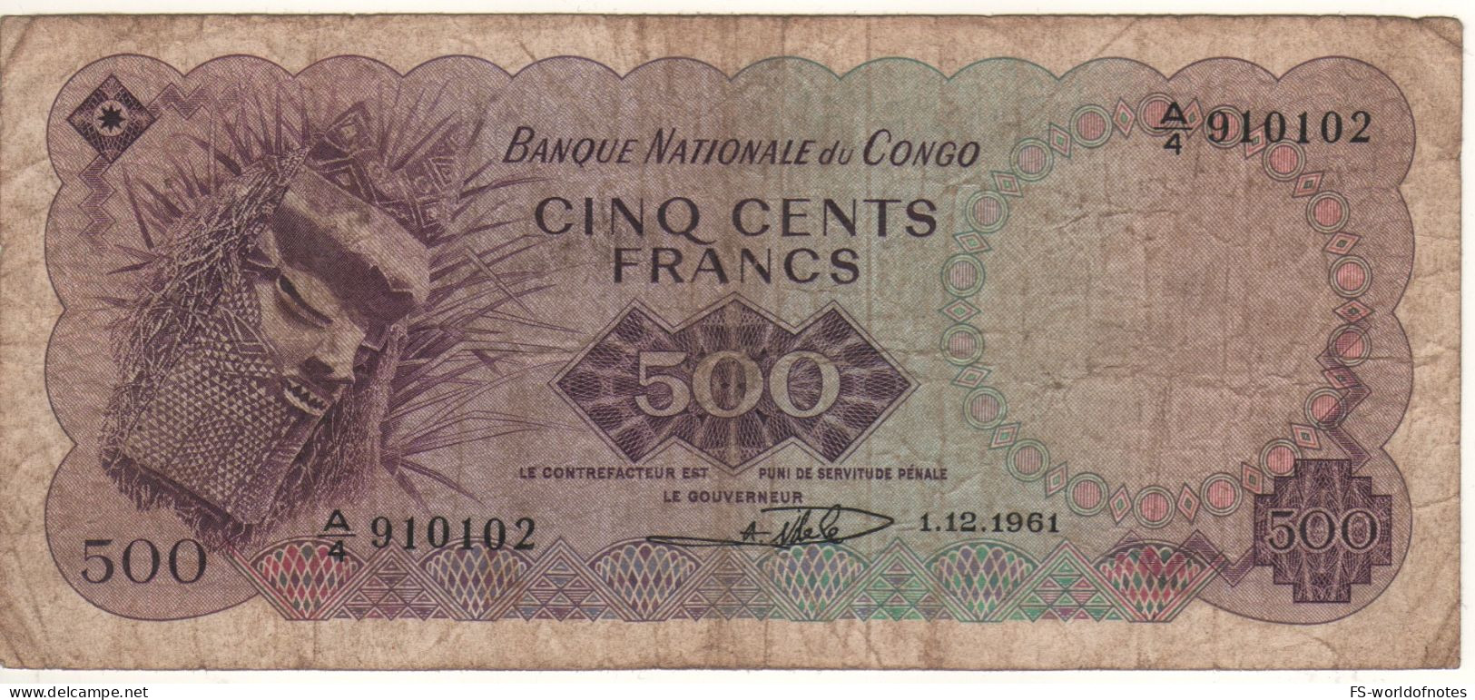 CONGO Republic  500 Francs P7a  Dated  1.22.1961  ( Mask + National Assembly Building, Kinshasa  At Back ) - Republic Of Congo (Congo-Brazzaville)