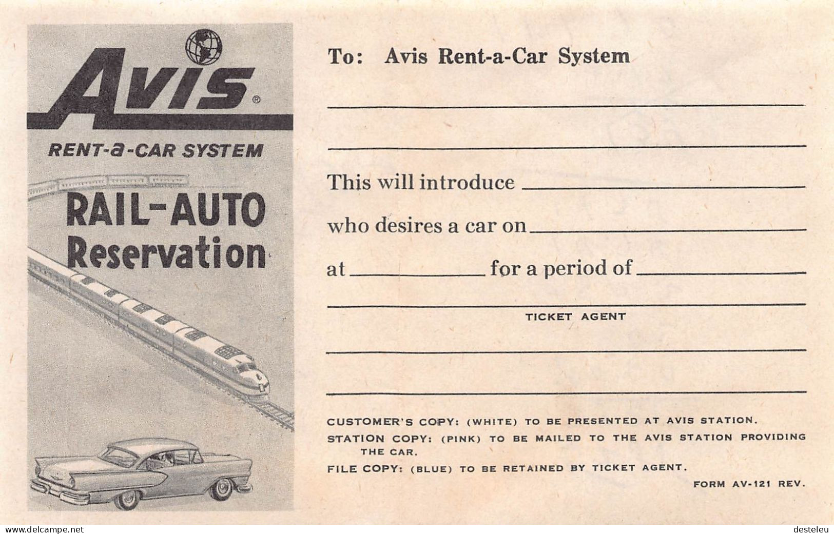 Avis Rent-a-Car Rail-Auto Reservation 1960 - New-York - Stati Uniti