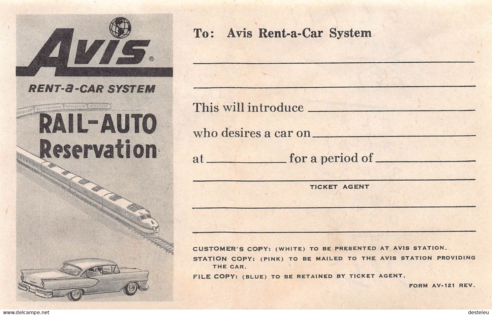 Avis Rent-a-Car Rail-Auto Reservation 1960 - New-York - Etats-Unis