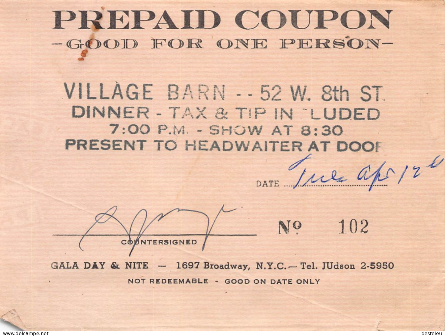 Village Barn Prepaid Coupon 1960 - New-York - Verenigde Staten